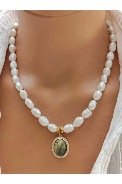 elinasaccessories İnci dogaltas tasarım kolye gerçek inci yeşim taslı kolye d...