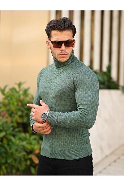 comstar Pulover tricotat cu model pentru bărbați, cu gât roșu, smarald
