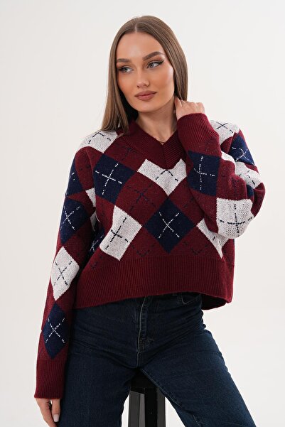 ŞİMAL Women's V-Neck Baklava Pattern Knitwear Knitted Sweater 255189 -