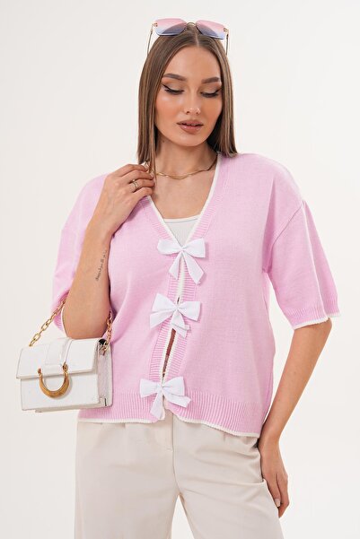 ŞİMAL Women's Bow Detailed Knitwear Knitted Short Sleeve Sweater 255179 -