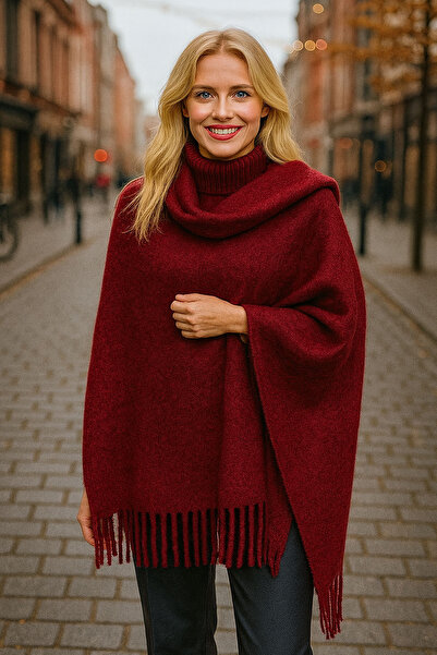 CİDDE Γυναικείο καρό πλεκτό σάλι με φούντες/ΜΠΟΡΝΤΟ/ΣΤΑΝΔΑΡΤ