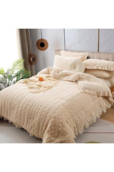 Alhabib bedding Lina Winter Queen Luxury Cream Faux Fur Bedspread Set, 6 Pieces