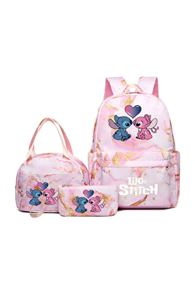 NO BRAND حقيبة ظهر ستيتش للطلاب، طقم من 3 قطع، وردي، 31×15×43، حقيبة رقم 55