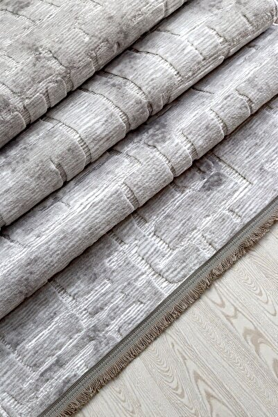 SoftNest Stan aksu Saçaklı Kaymaz Tabanlı Kesme Kabartmalı Salon Koridor Mutfak Yıkanabilir Hali gri