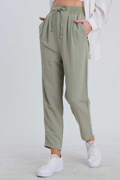 My Blog Khaki Elastic Pleated Trousers with Belt Detail - 50826