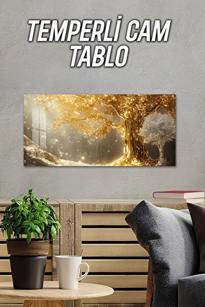 kutuTR 3D Görünümlü 2D Baskı Temperli Cam Tablo – Altın Işıklı Ağaç Teması UV...