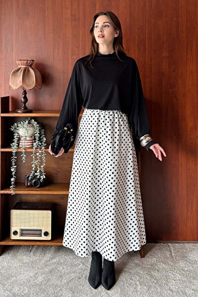 Ceylan Otantik Λευκή μαύρη πουά λινό φούστα με φαρδύ στρίφωμα