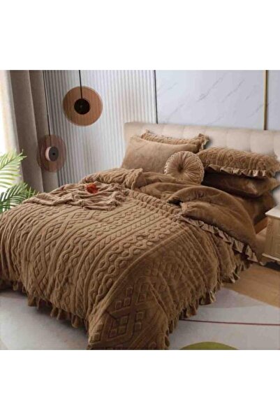 Alhabib bedding Lina Winter Queen Brown Luxury Faux Fur Bedspread Set, 6 Pieces