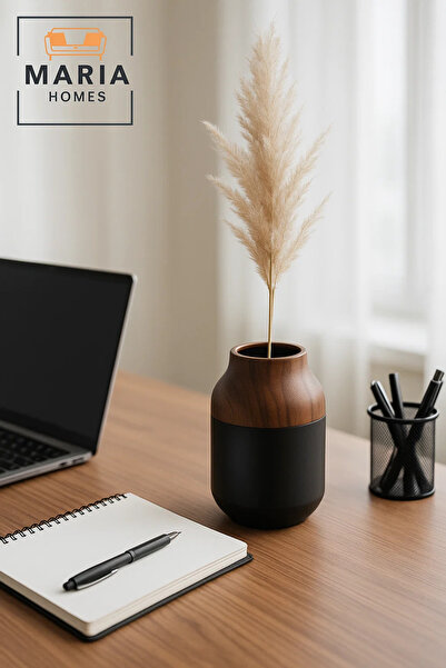 MARIA HOMES Modern Decorative Vase – Matte Black Flower Vase – Wood-Effect Home Decor Accessory