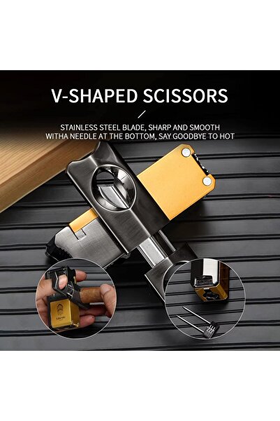 Lubinski Metal Cigar Lighter, 3-Jet Flame Torch, 4-in-1 with V-Shaped Cutter & Punch, Yellow (Milita