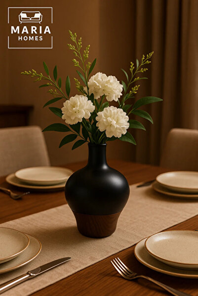 MARIA HOMES Modern Decorative Vase – Matte Black Flower Vase – Wood-Effect Home Decor Accessory