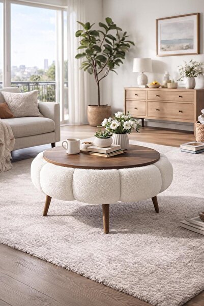 ZİERRA Papatya Wellsoft Kırık Beyaz Kumaş Kaplamalı Yuvarlak Orta Sehpa