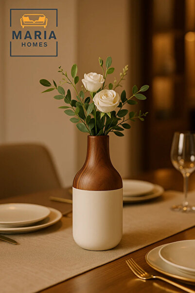 MARIA HOMES Modern Decorative Vase – Ceramic Wood-Effect Flower Vase – Home Decor Accessory