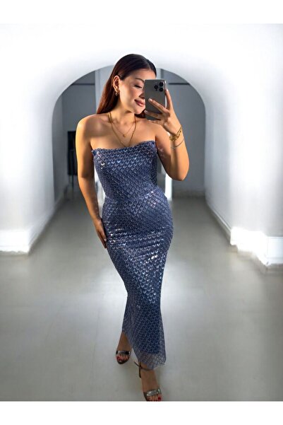 OLA Laves Full Payet Boncuklu İndigo Abiye Elbise