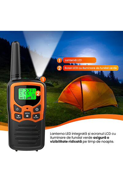 OEM Set of 2 Portable Walkie Talkie Radio Stations, 22 Channels, 5 KM Range, VOX Hands-Free, LED Flashlight, LCD
