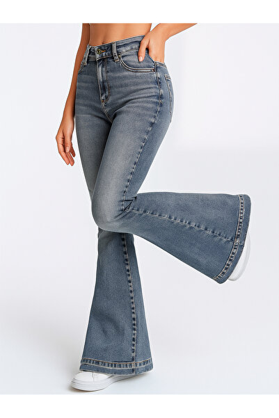 Shevadne Women's Blue High Waist Flared Jeans Vintage Washed Denim Pants Casual Streetwear All Season