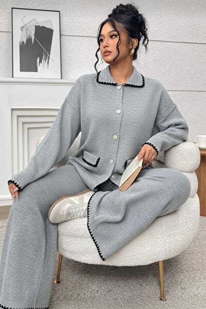 STF MODA Women's Buttoned Jacket and Pants Shepherd Stitch Knitwear Set Ecru - Gray