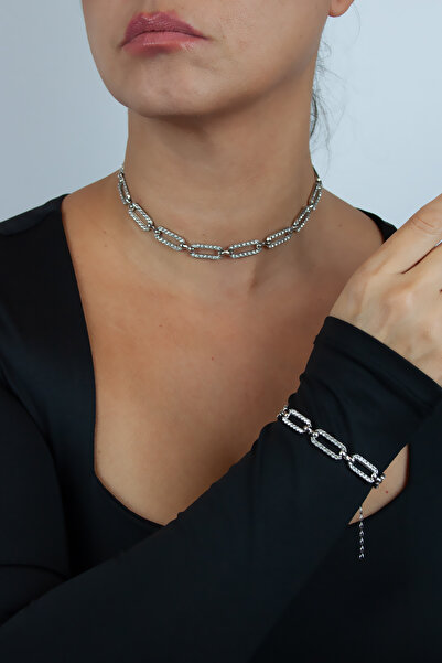 Pridza Stone Decorated Ring Chain Necklace Bracelet Set