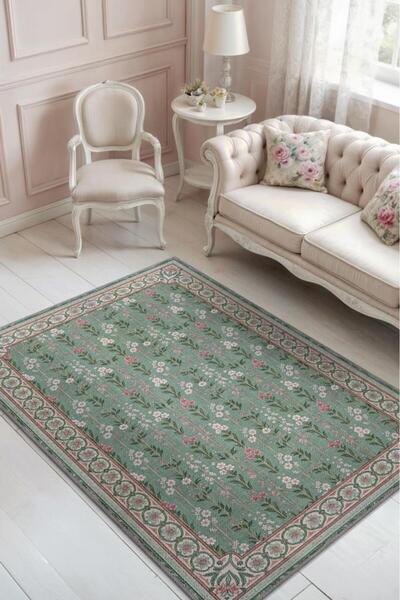 Homshtag Pembe Yeşil Vintage Çiçekli Halı, Madalyon Bordürlü Yıkanabilir Otur...