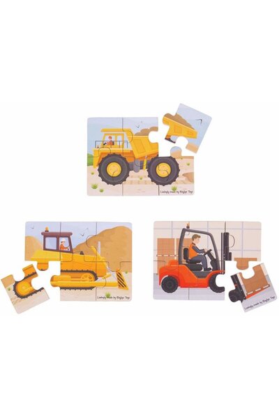 BIGJIGS Toys Set 3 puzzle din lemn - Vehicule pentru constructii