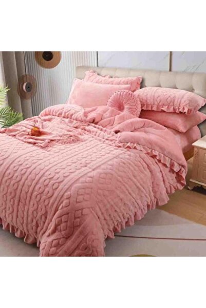 Alhabib bedding Lina Winter Queen Luxury Pink Faux Fur Bedspread Set, 6 Pieces