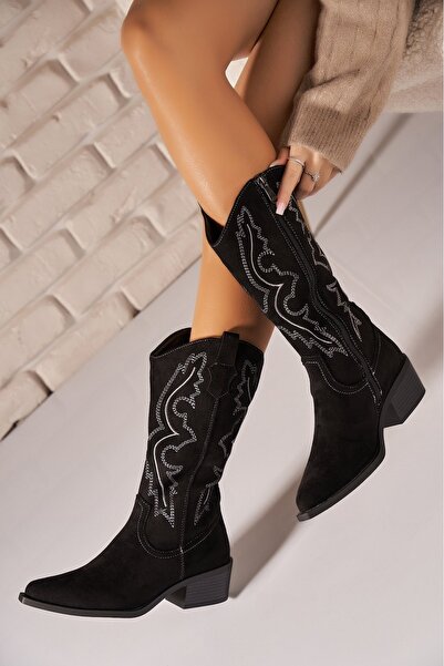 Joana Cizme stiletto negre din piele întoarsă cu toc de 6 cm