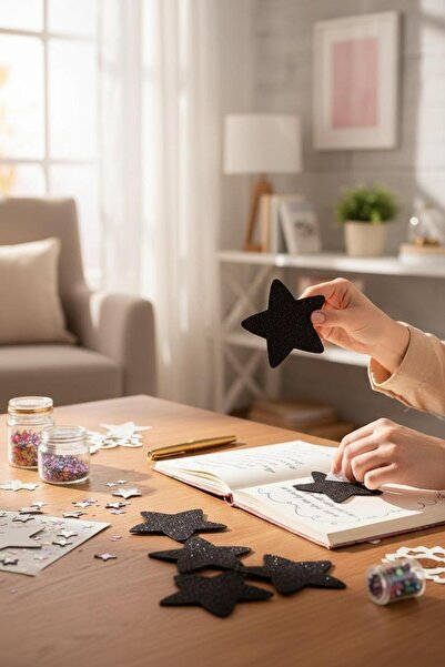 Cadde Süs Simli Eva Yıldız Süs Yapışkanlı 8 cm 10 adet Eva Süs