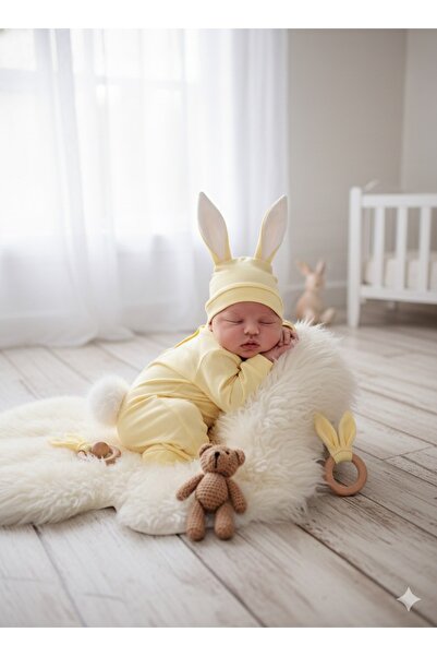 MuMina YENİDOĞAN BEBEK SARI BEYAZ TAVŞANLI AYARLANIR PONPONLU ŞAPKA VE ELDİVE...
