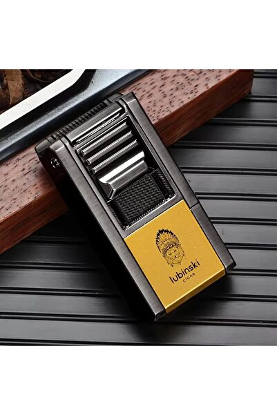 Lubinski Metal Cigar Lighter, 3-Jet Flame Torch, 4-in-1 with V-Shaped Cutter & Punch, Yellow (Milita