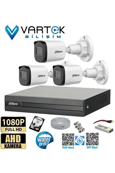 DAHUA 3 Kameralı Full HD 1080P AHD Kayıt Seti + 500GB Hard Disk – İç Dış Meka...
