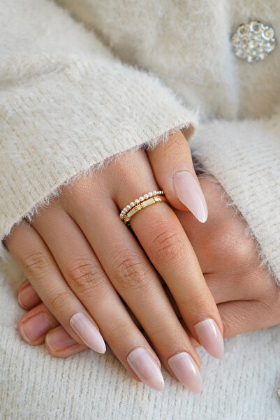 The Collection Set of 2 Modern Pearl Star and Rose Detailed Form Vip Gold Rings