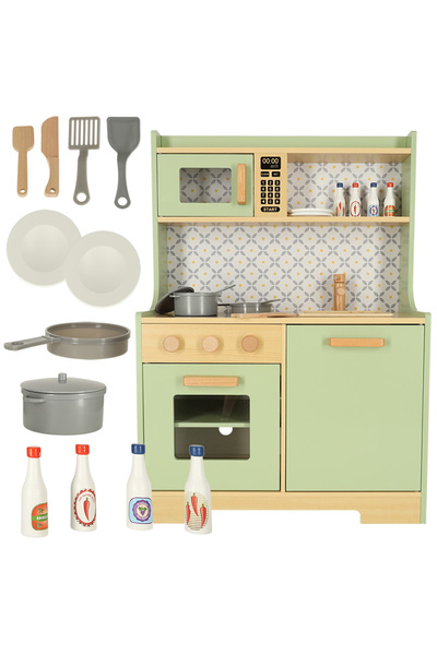 zola Wooden toy kitchen, cooking accessories included, 86.2 x 61 x 29 cm, MDF, pastel green/beige