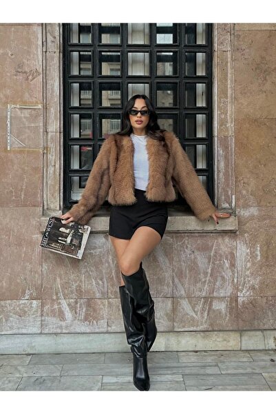 VESS MODA Palton din blană jacquard cu model de vulpe, căptușit în interior