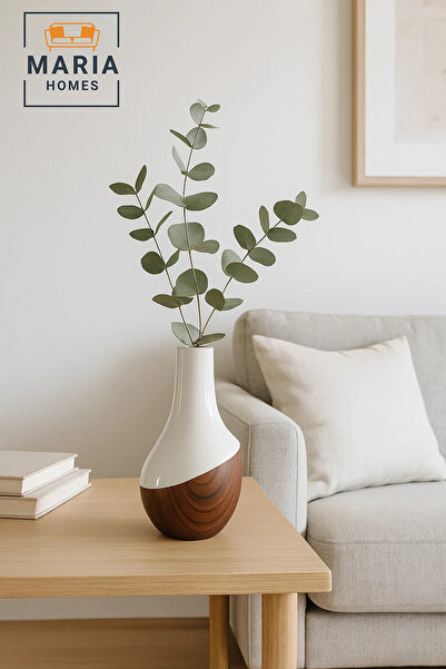 MARIA HOMES Modern Decorative Vase – Ceramic Flower Vase – Wood-Effect Home Decor Accessory