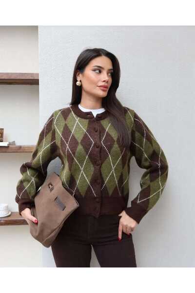 Elfin Baklava Patterned Women's Knitwear Cardigan Green