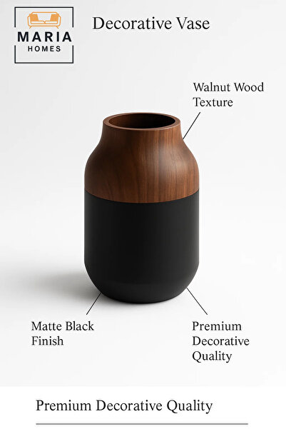 MARIA HOMES Modern Decorative Vase – Matte Black Flower Vase – Wood-Effect Home Decor Accessory