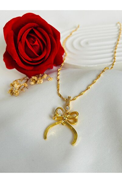 Roya Happiness KÜLÇE KOLYE FİYONK MODEL YARIM TAM ALTINLI KOLYE ALTIN KAPLAMA BURGU ZİNCİR EŞE ANNEYE GELİNE HEDİYE