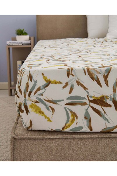 REDTAG Beige Botanical Printed Fitted Sheet (Single Size)