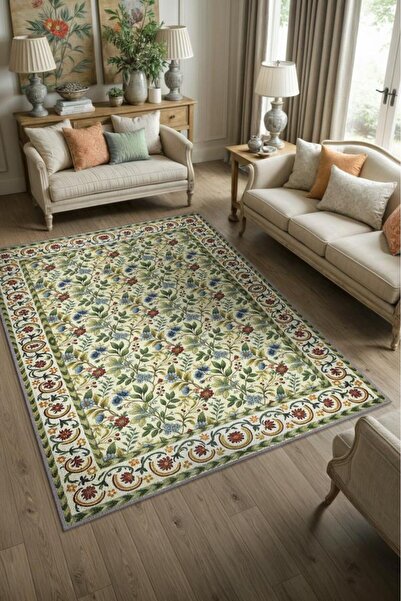 Vineyard House Decor Style Embroidered Floral Rug, Antique Patterned Rug, Vintage Washable Rug