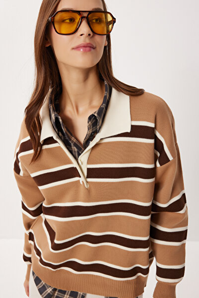 Lovelyİstanbul Striped Polo Neck Knitwear Sweater Lxa0023 Biscuit Brown
