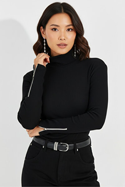 Sienza سترة نسائية سوداء بأكمام طويلة وسحاب حياكة مضلعة من فيشرمان