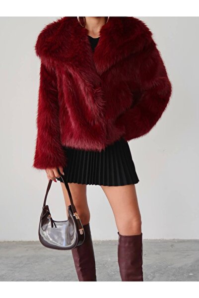 VESS MODA Women's Premium Quality Shawl Collar Snap Detail Faux Fur Coat Claret Red