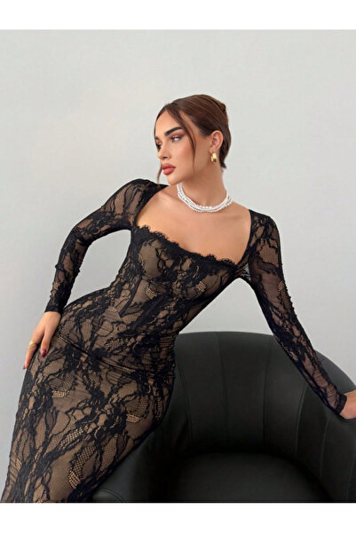 SAMGE فستان نسائي أسود ضيق وجذاب، دانتيل بشكل S، بأكمام طويلة، وياقة صدر مربعة على شكل عظمة السمكة