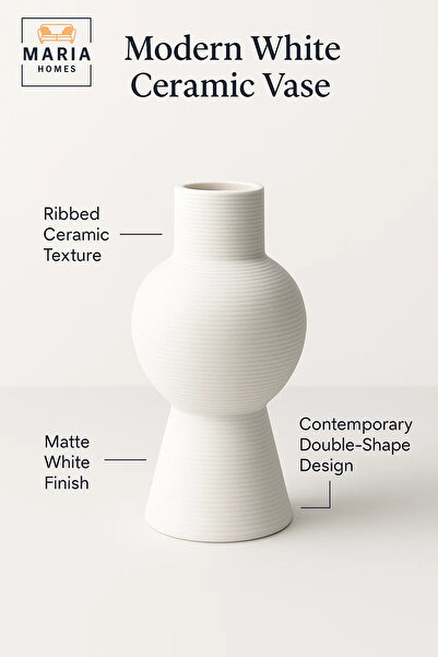 MARIA HOMES Modern White Decorative Vase – Sculpted Ceramic Flower Vase with Textured Design