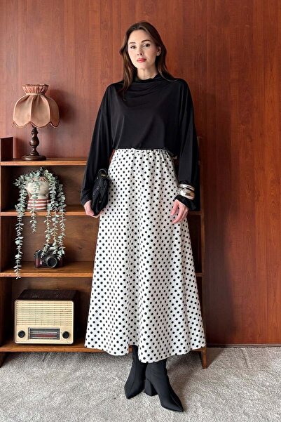 Ceylan Otantik Λευκή μαύρη πουά λινό φούστα με φαρδύ στρίφωμα