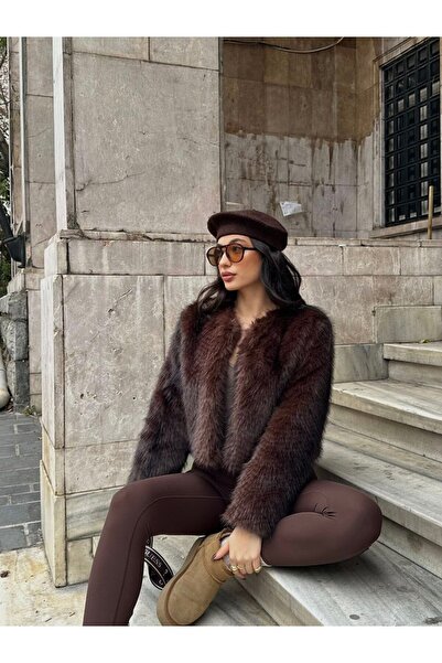 VESS MODA Palton din blană jacquard cu model de vulpe, căptușit în interior