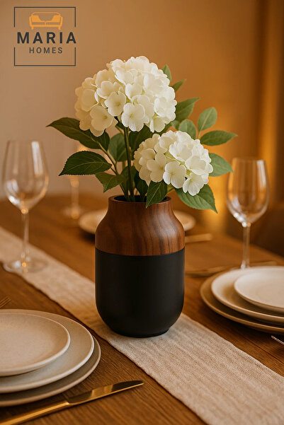 MARIA HOMES Modern Decorative Vase – Matte Black Flower Vase – Wood-Effect Home Decor Accessory