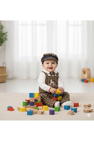 Chicsy Baby Baby Boy Plaid Patterned Hat and Salopet Set with White Bodysuit
