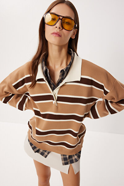 Lovelyİstanbul Striped Polo Neck Knitwear Sweater Lxa0023 Biscuit Brown