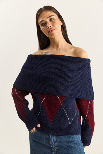 Bianco Lucci Women's Madonna Collar Diamond Pattern Knit Sweater 20251082